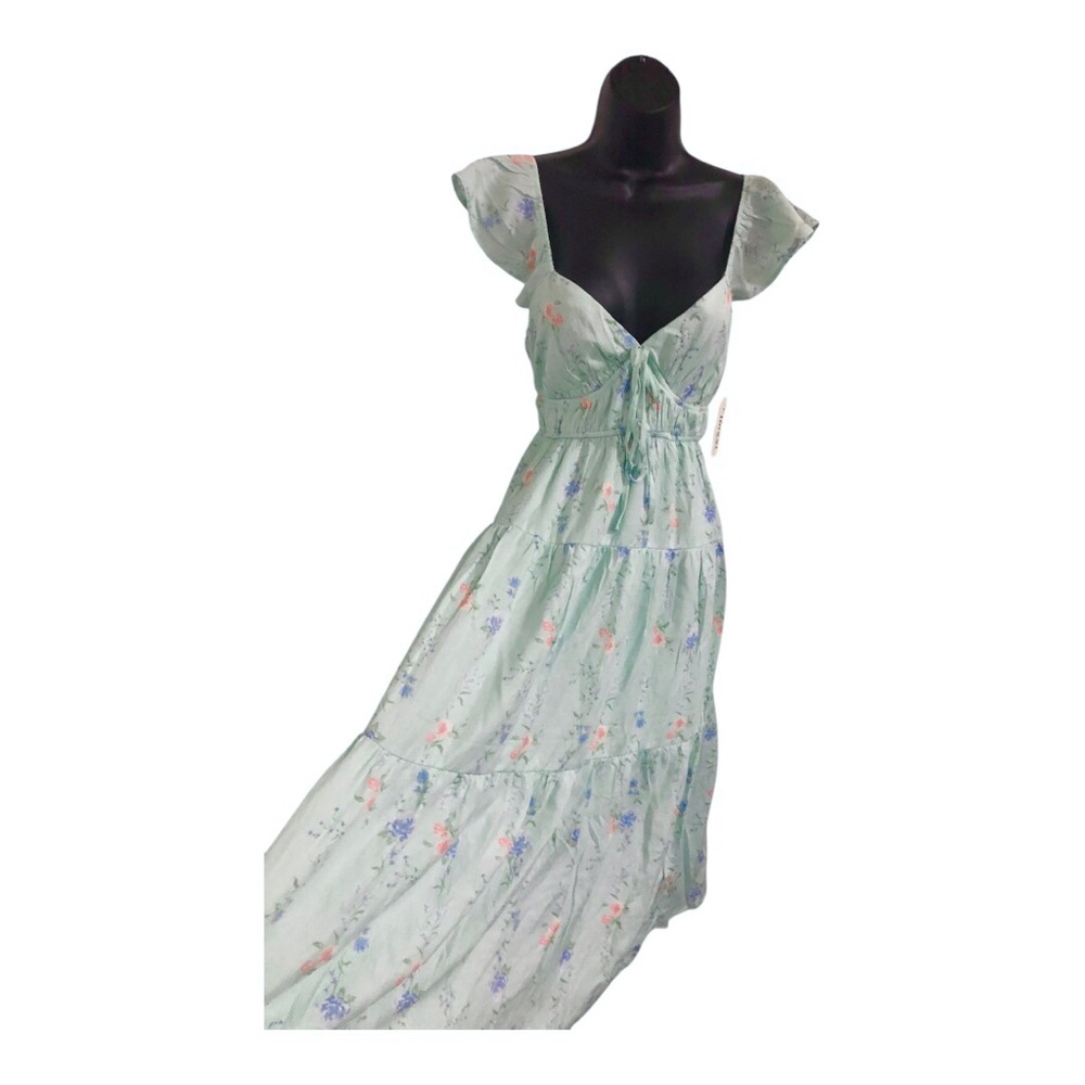 Trixxi green blue floral multi bust tie flutter sleeve tiered‎ dress size Medium